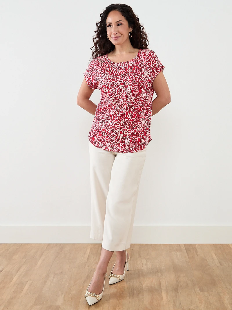Petite Short Sleeve Boatneck T-Shirt in Crimson Floral