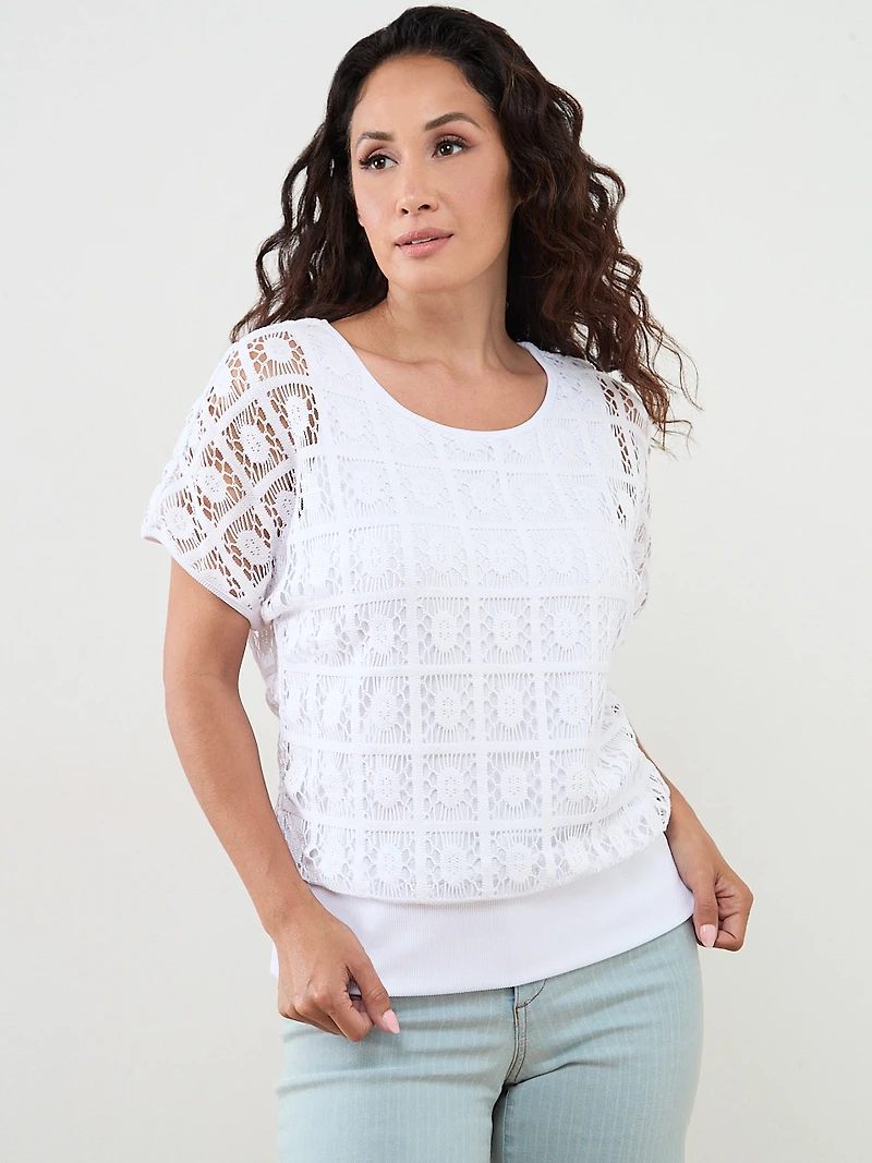 Petite Short Sleeve Crochet Layered Top in White