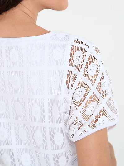Petite Short Sleeve Crochet Layered Top in White
