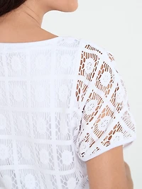 Petite Short Sleeve Crochet Layered Top in White