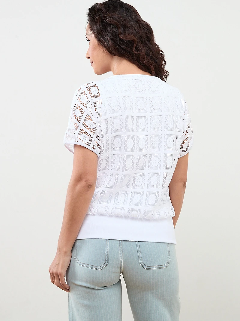 Petite Short Sleeve Crochet Layered Top in White