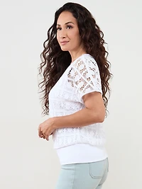 Petite Short Sleeve Crochet Layered Top in White