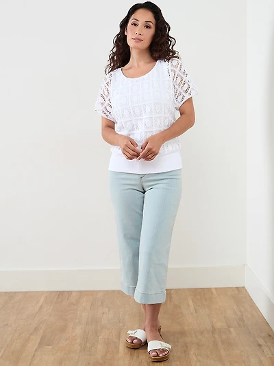 Petite Short Sleeve Crochet Layered Top in White