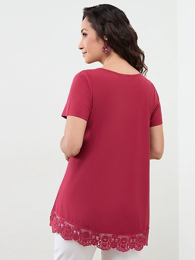 Petite Short Sleeve Crochet Trim Top