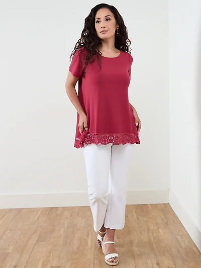 Petite Short Sleeve Crochet Trim Top