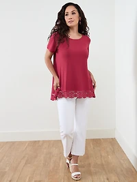 Petite Short Sleeve Crochet Trim Top