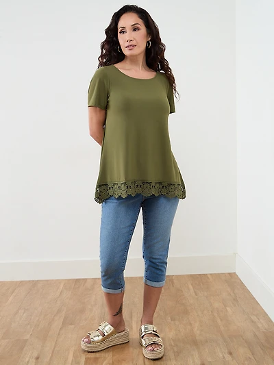 Petite Short Sleeve Crochet Trim Top in Moss