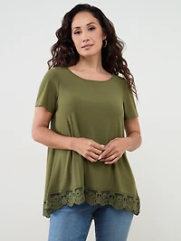 Petite Short Sleeve Crochet Trim Top in Moss