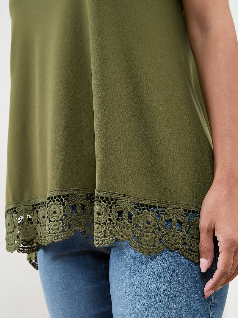 Petite Short Sleeve Crochet Trim Top in Moss