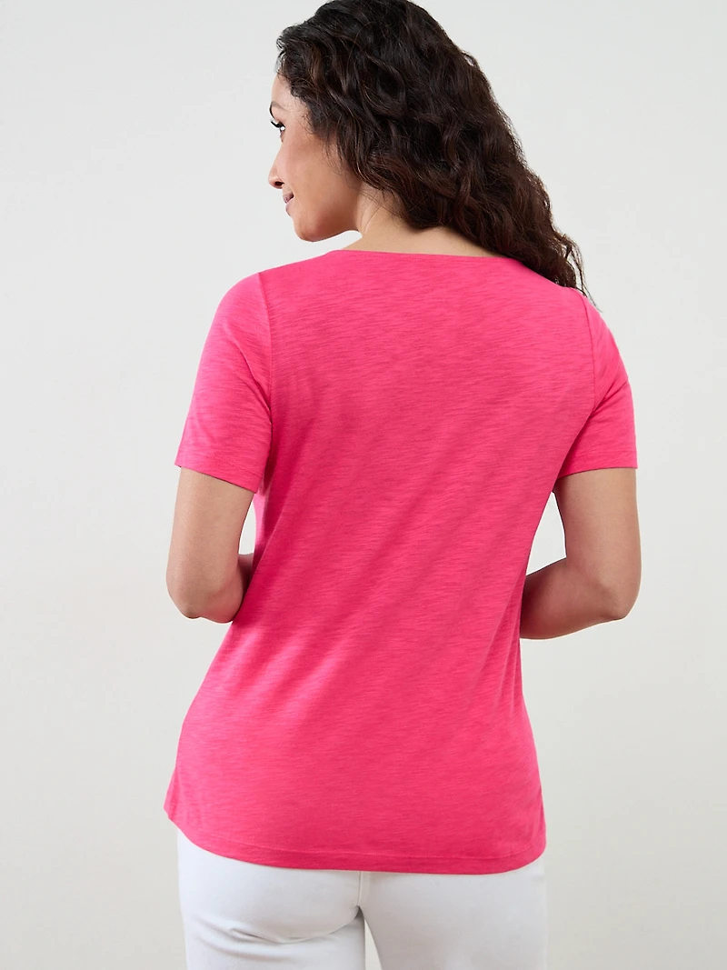 Petite Short Sleeve Hot Pink Crochet Knit T-Shirt