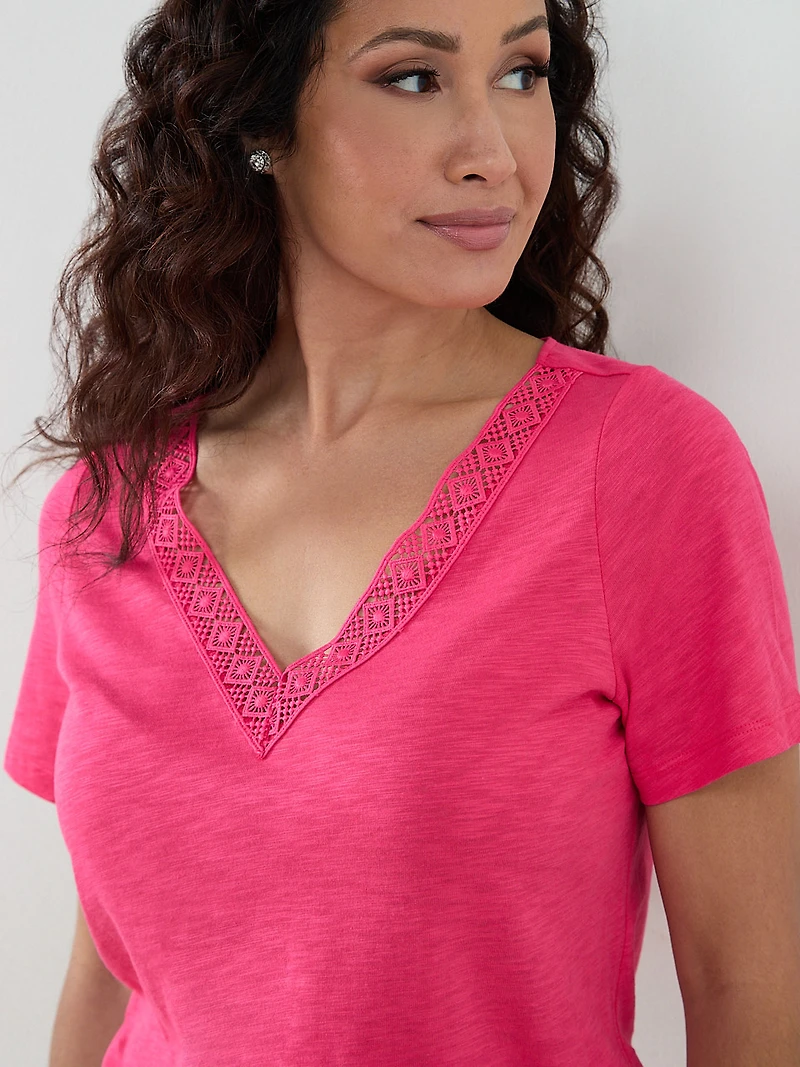 Petite Short Sleeve Hot Pink Crochet Knit T-Shirt