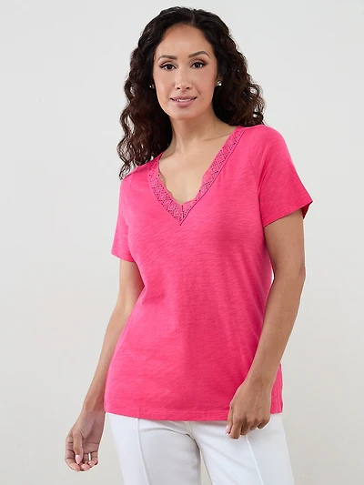 Petite Short Sleeve Hot Pink Crochet Knit T-Shirt