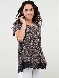 Petite Short Sleeve Lipstick Ditsy Crochet Trim Top