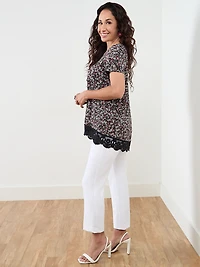 Petite Short Sleeve Lipstick Ditsy Crochet Trim Top