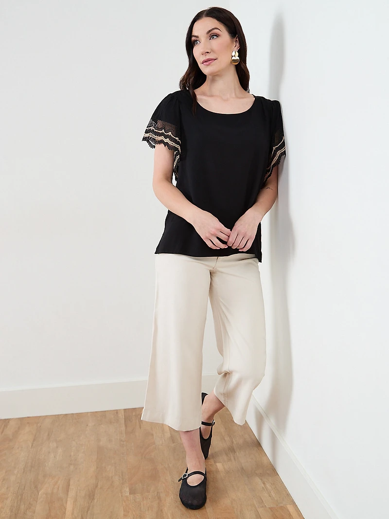 Short Crochet Sleeve Blouse in Black