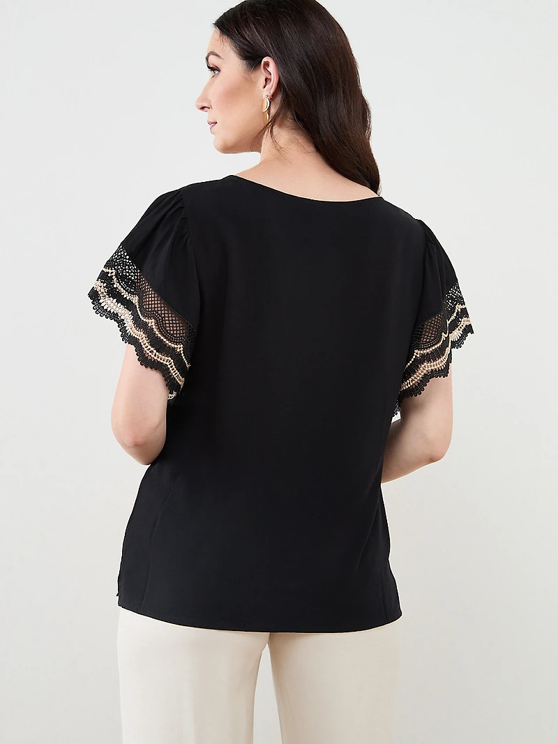 Short Crochet Sleeve Blouse in Black