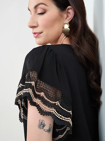 Short Crochet Sleeve Blouse in Black