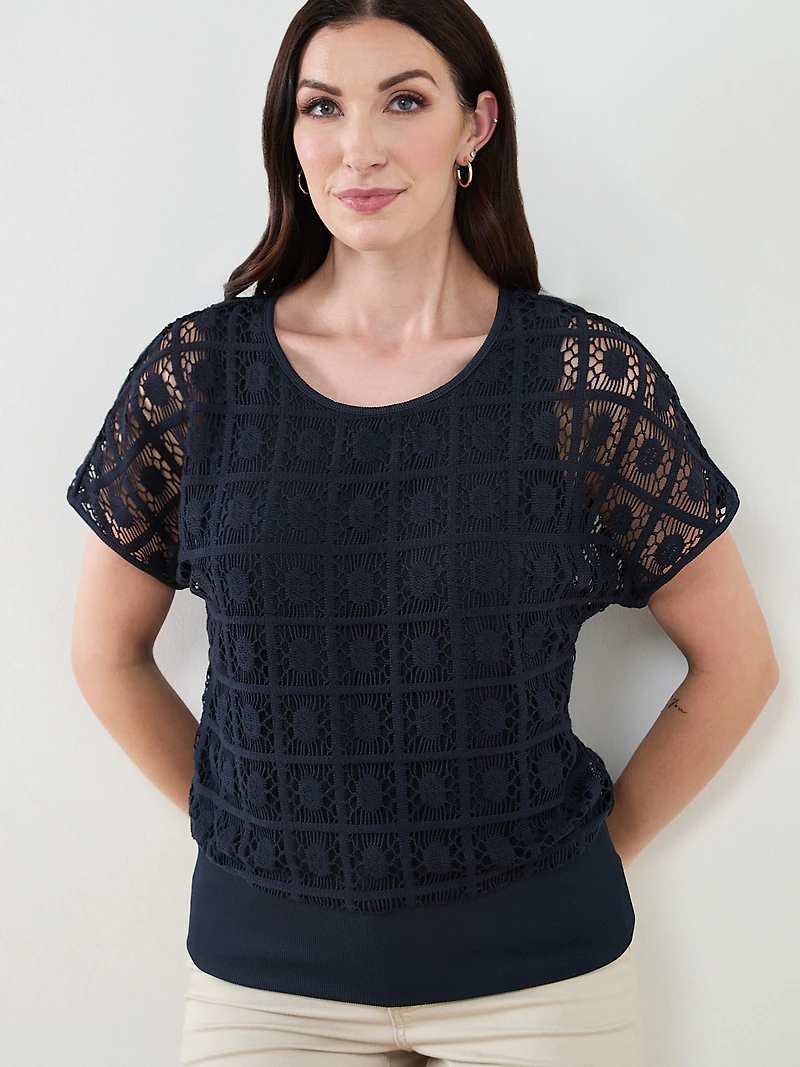 Short Crochet Sleeve Blouse in Navy