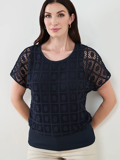 Short Crochet Sleeve Blouse in Navy