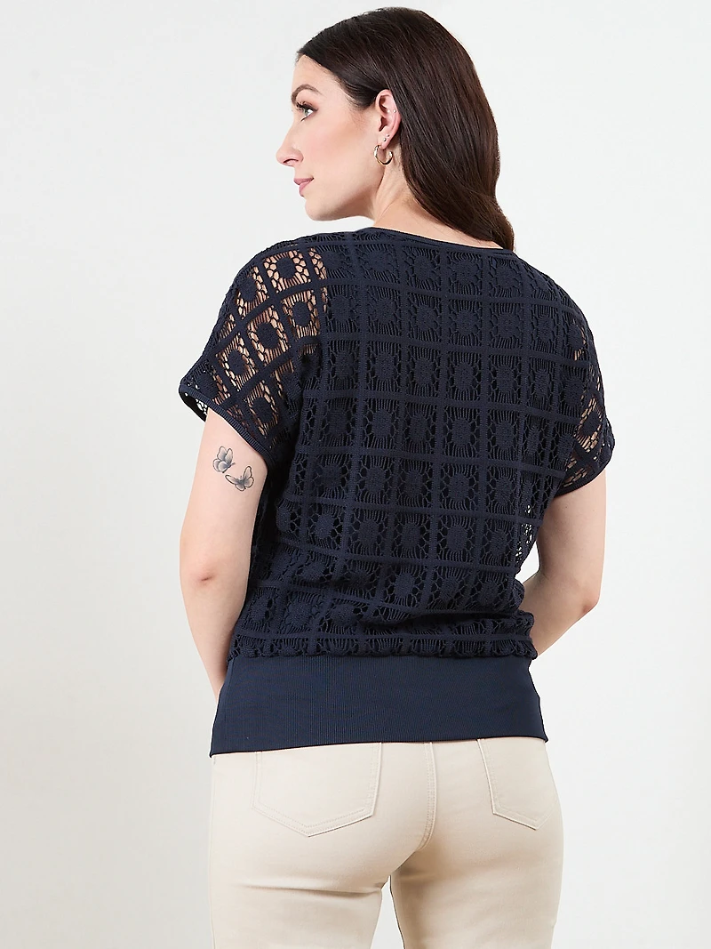 Short Crochet Sleeve Blouse in Navy
