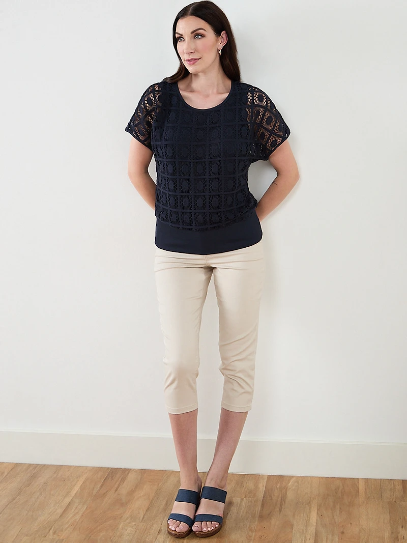 Short Crochet Sleeve Blouse in Navy