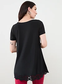 Short Sleeve Black Crochet Trim Top