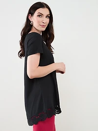 Short Sleeve Black Crochet Trim Top