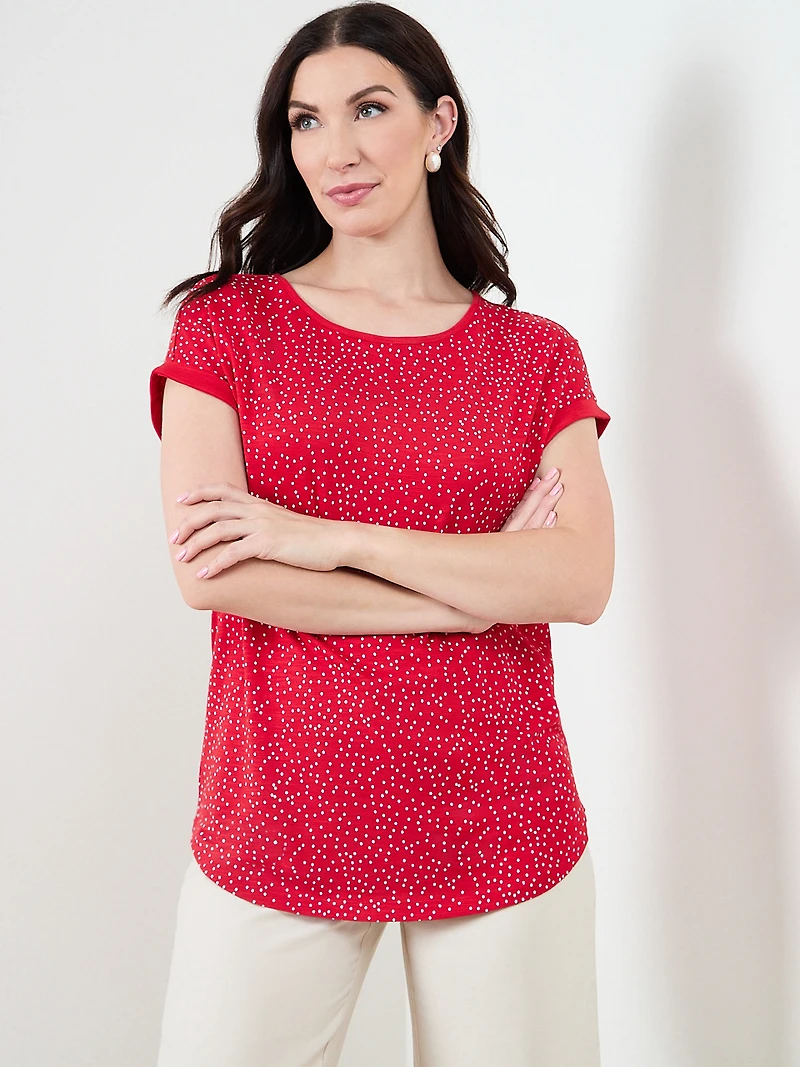Short Sleeve Boatneck T-Shirt in Crimson/White Dot