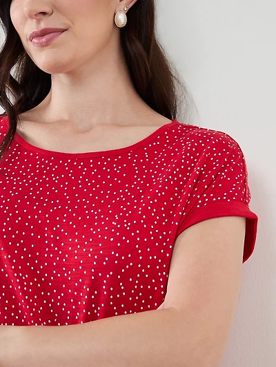 Short Sleeve Boatneck T-Shirt in Crimson/White Dot