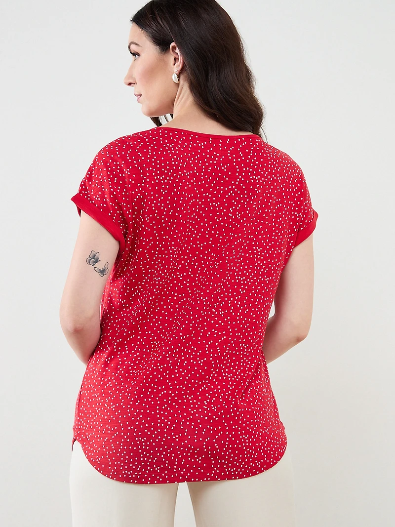 Short Sleeve Boatneck T-Shirt in Crimson/White Dot