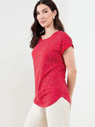 Short Sleeve Boatneck T-Shirt in Crimson/White Dot