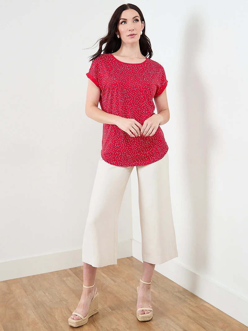 Short Sleeve Boatneck T-Shirt in Crimson/White Dot