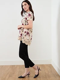 Short Sleeve Lipstick Floral Crochet Trim Top
