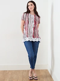 Short Sleeve Multi Stripe Crochet Trim Top