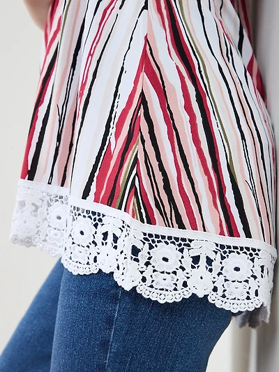 Short Sleeve Multi Stripe Crochet Trim Top