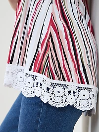 Short Sleeve Multi Stripe Crochet Trim Top