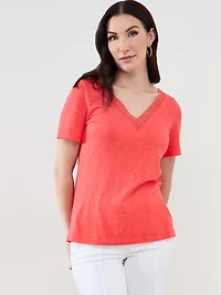 Short Sleeve Papaya Crochet Knit T-Shirt