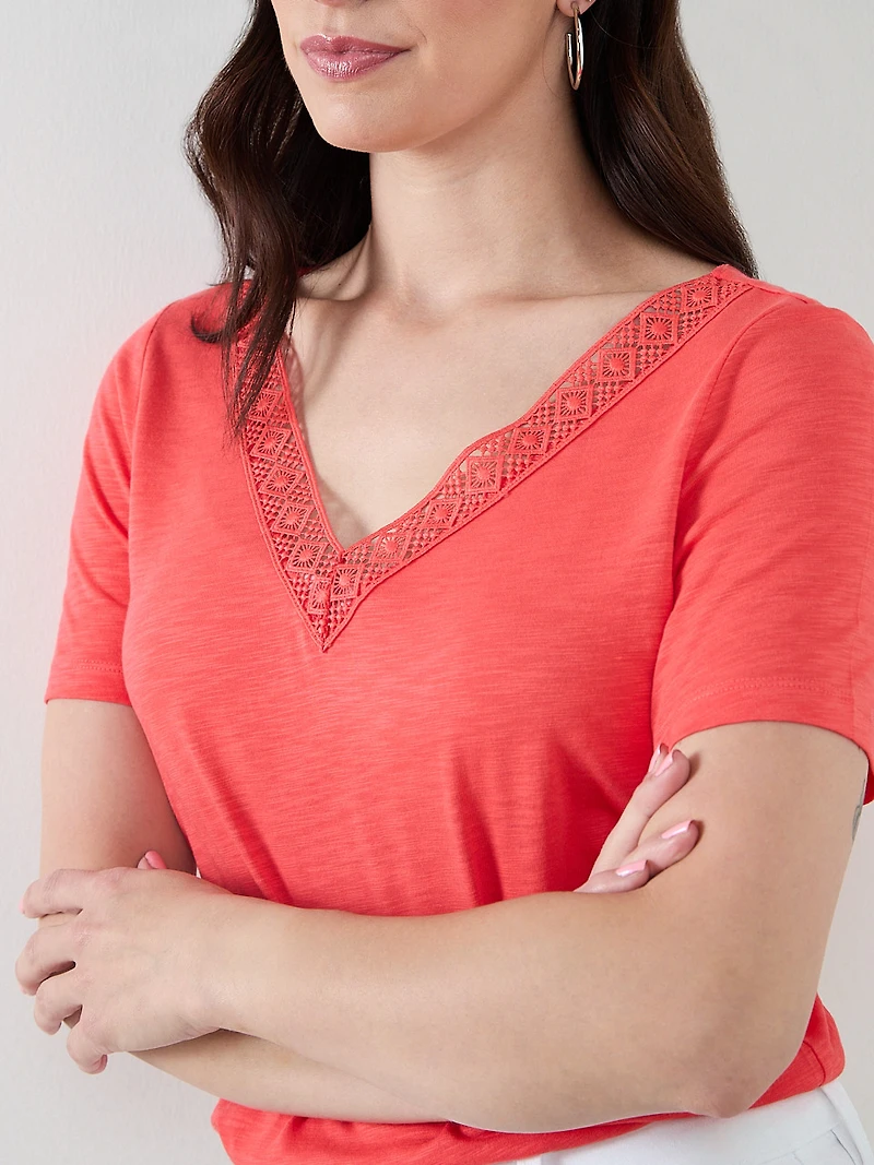 Short Sleeve Papaya Crochet Knit T-Shirt
