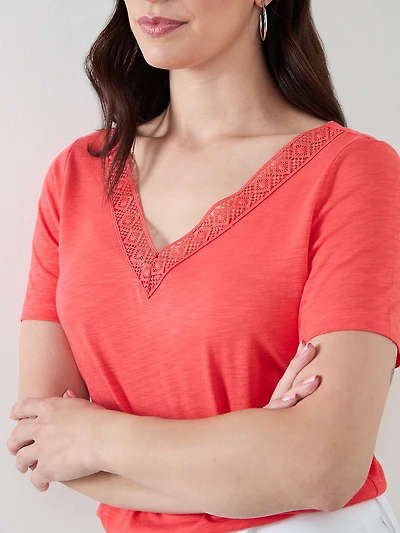 Short Sleeve Papaya Crochet Knit T-Shirt