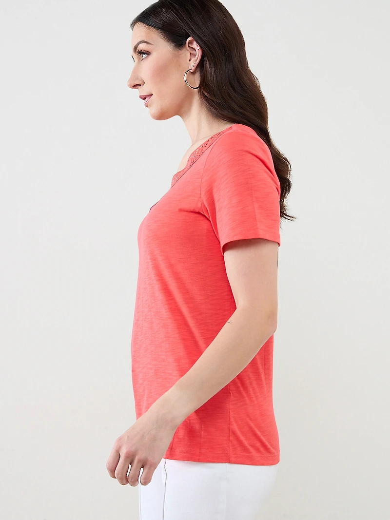 Short Sleeve Papaya Crochet Knit T-Shirt