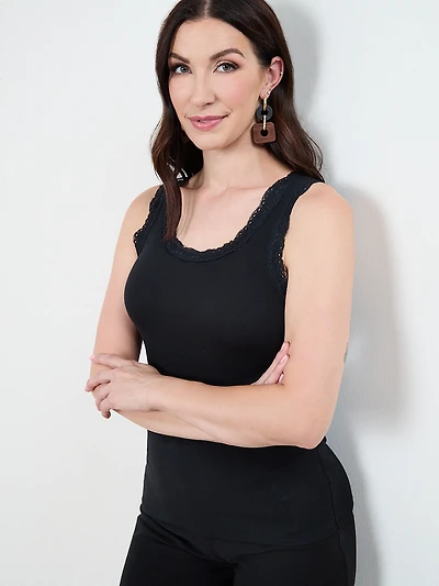 Stretch Cotton Black Tank with Lace