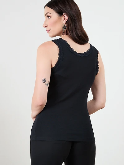 Stretch Cotton Black Tank with Lace