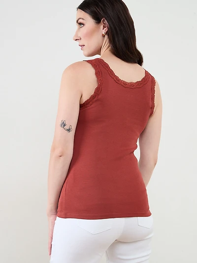Stretch Cotton Tank with Lace in Terracotta