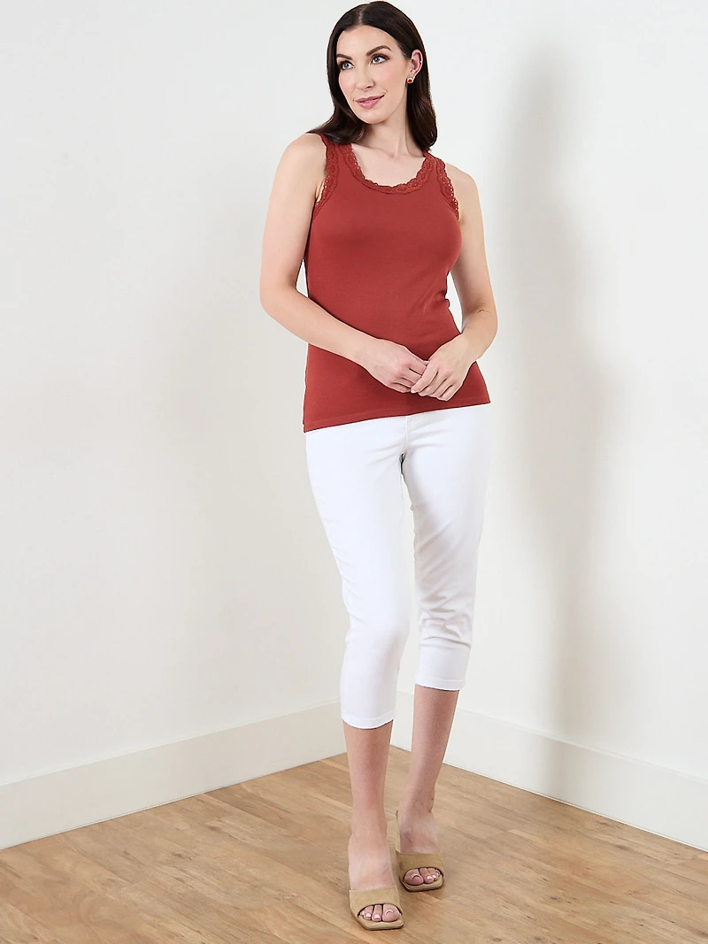 Stretch Cotton Tank with Lace in Terracotta