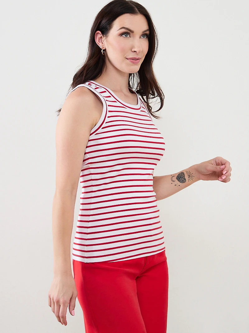 Stretch Cotton Hi-Neck Tank in Crimson Stripe