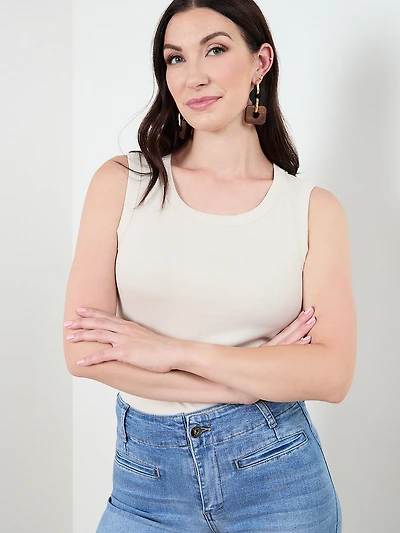 Stretch Cotton Hi-Neck Tank in Sand