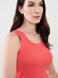 Stretch-Cotton Tank with Lace in Papaya