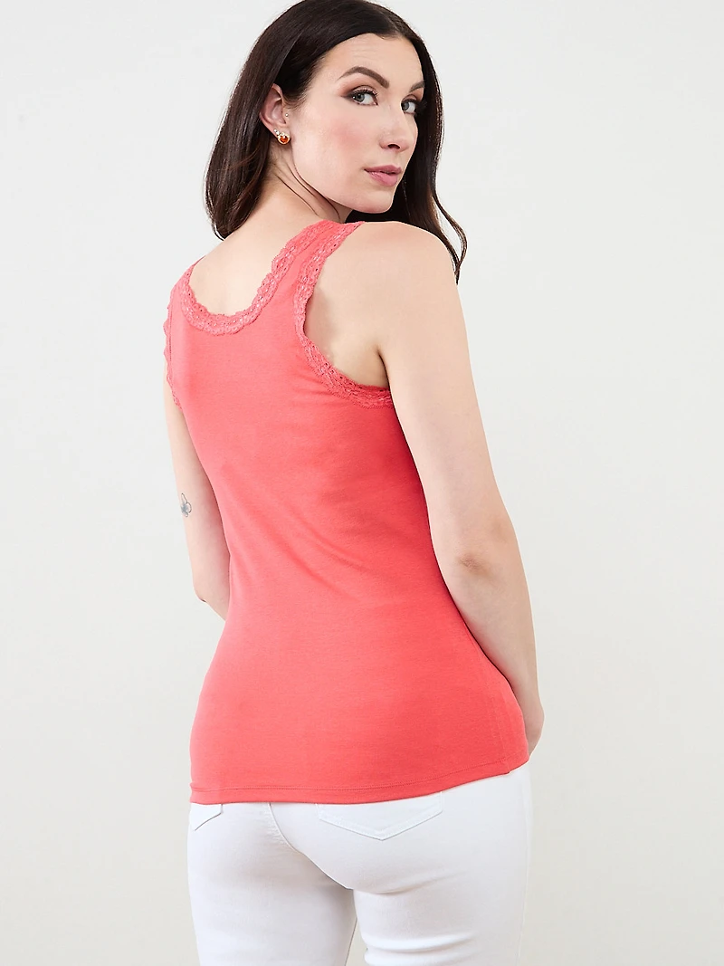 Stretch-Cotton Tank with Lace in Papaya