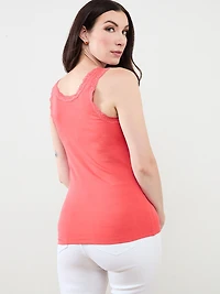 Stretch-Cotton Tank with Lace in Papaya