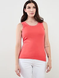 Stretch-Cotton Tank with Lace in Papaya